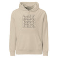 A dense, single-line self-avoiding walk path graphic in hairline weight on a hoodie. Shown on the Clay (Desert Dust) colorway.