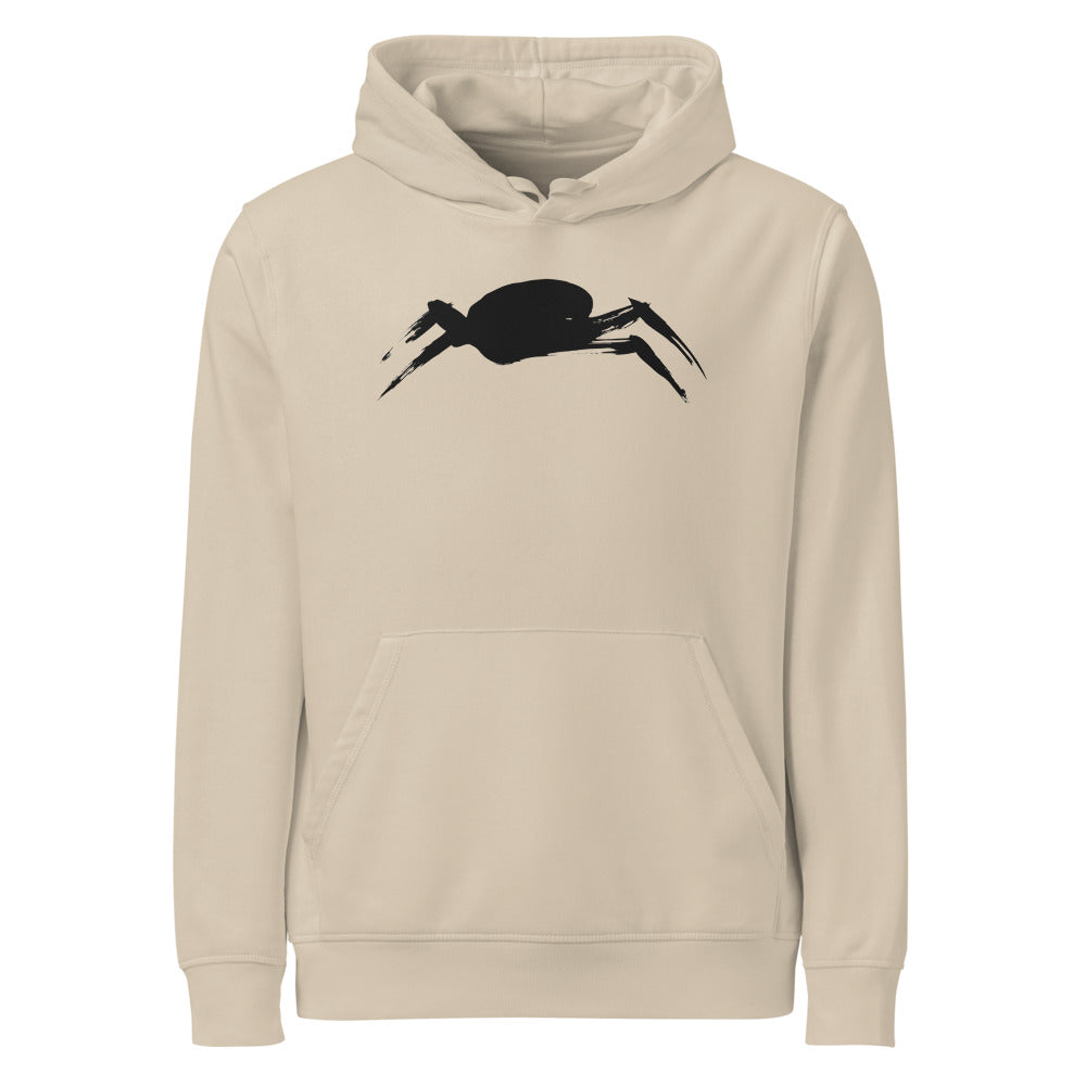 A minimalist sumi-e ink painting of a crab shell and legs printed on a hoodie. Shown on the Clay (Desert Dust) colorway.