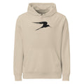 An asymmetric sumi-e ink painting of a gliding heron in flight, printed on a classic hoodie. Shown on the Clay (Desert Dust) colorway.
