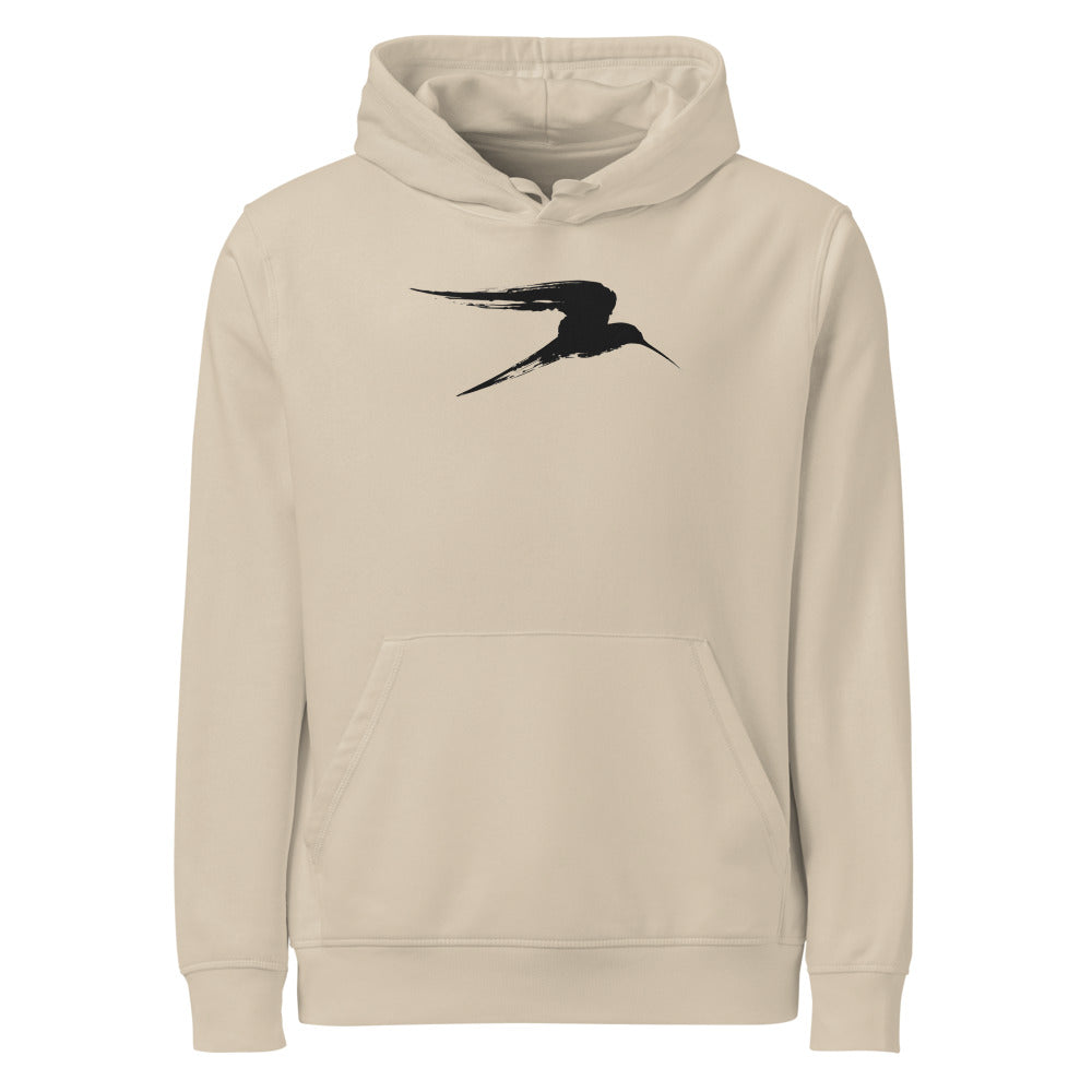 An asymmetric sumi-e ink painting of a gliding heron in flight, printed on a classic hoodie. Shown on the Clay (Desert Dust) colorway.
