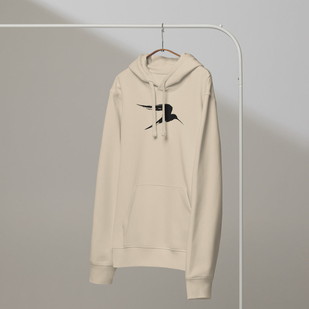 An asymmetric sumi-e ink painting of a gliding heron in flight, printed on a classic hoodie. On a hanger, Clay colourway.