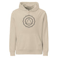 A nested progression of regular polygons from a central triangle to a 24-gon in crisp vector lines on a hoodie. Shown on the Clay (Desert Dust) colorway.