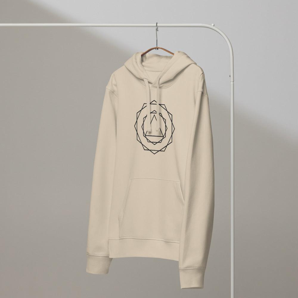 A nested progression of regular polygons from a central triangle to a 24-gon in crisp vector lines on a hoodie. On a hanger, Clay colourway.