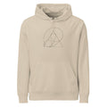 A pedal curve parabola construction in fine hairline strokes printed on a hoodie. Shown on the Clay (Desert Dust) colorway.