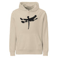 A minimalist dragonfly sumi-e ink design printed on a hoodie. Shown on the Clay (Desert Dust) colorway.
