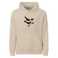 A minimal sumi-e design of a diving sparrow in three quick ink strokes on a hoodie. Shown on the Clay (Desert Dust) colorway.
