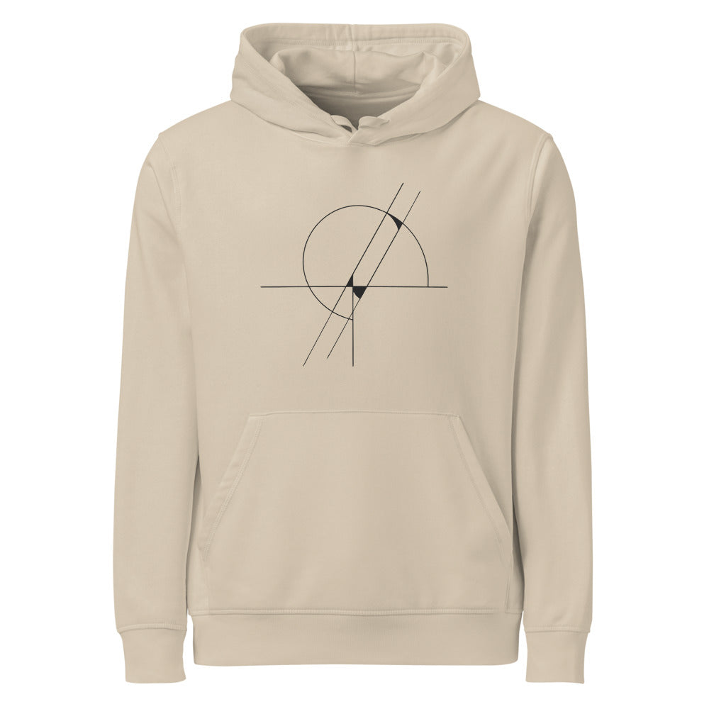 A geometric line drawing of the Witch of Agnesi mathematical curve printed on a hoodie. Shown on the Clay (Desert Dust) colorway.