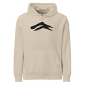 A minimalist sumi-e painting of two dry-brush mountain ridges printed on a hoodie. Shown on the Clay (Desert Dust) colorway.