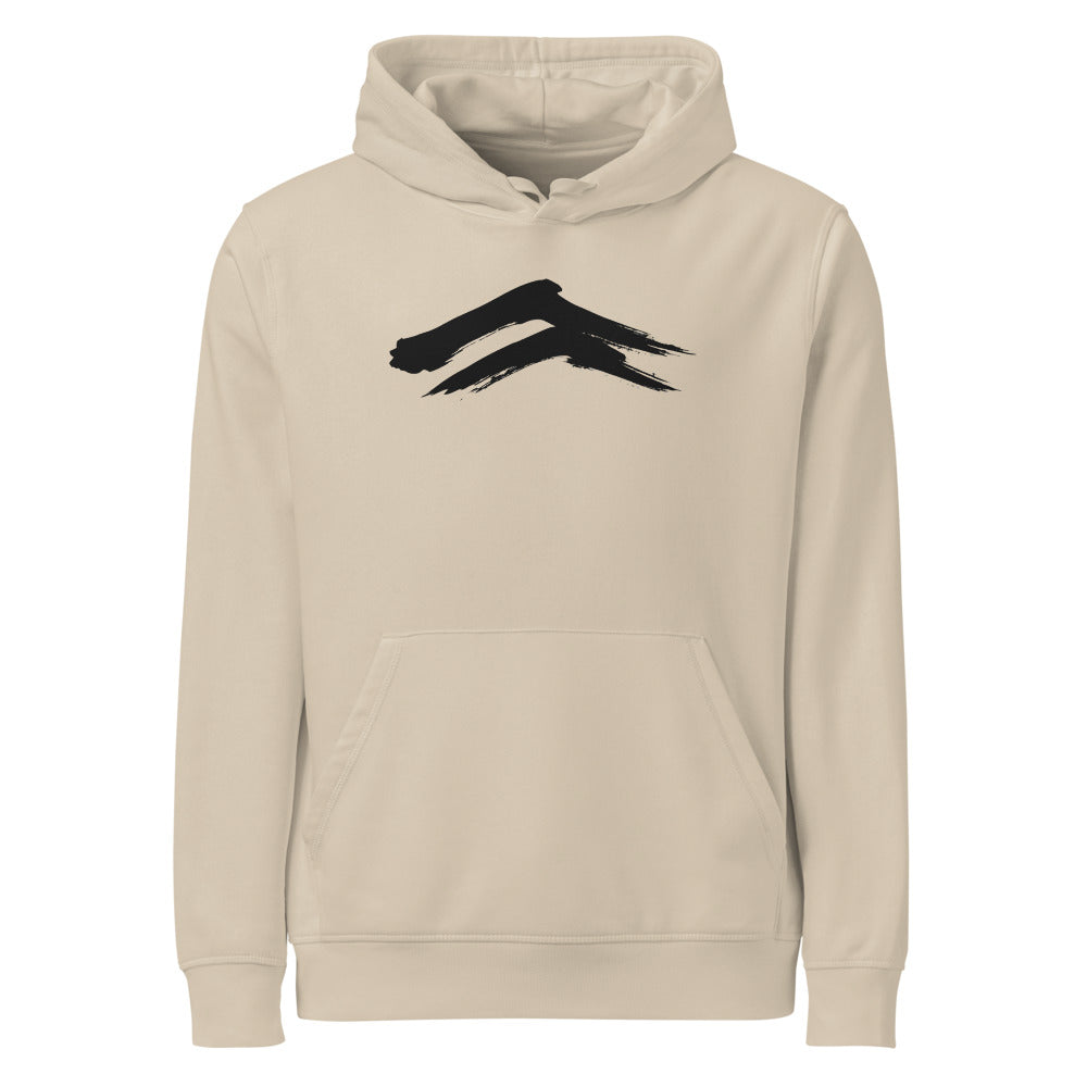 A minimalist sumi-e painting of two dry-brush mountain ridges printed on a hoodie. Shown on the Clay (Desert Dust) colorway.
