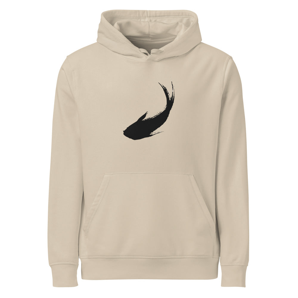 A minimal sumi-e ink brush painting of a single ascending carp printed on a hoodie. Shown on the Clay (Desert Dust) colorway.