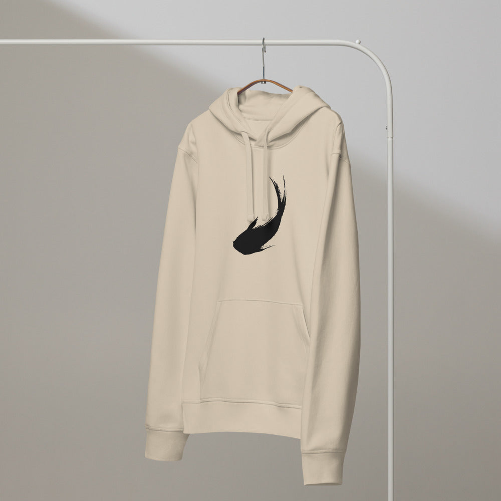 A minimal sumi-e ink brush painting of a single ascending carp printed on a hoodie. On a hanger, Clay colourway.
