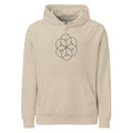 An orthographic projection of hexagonal close packing spheres in wireframe circles on a hoodie. Shown on the Clay (Desert Dust) colorway.