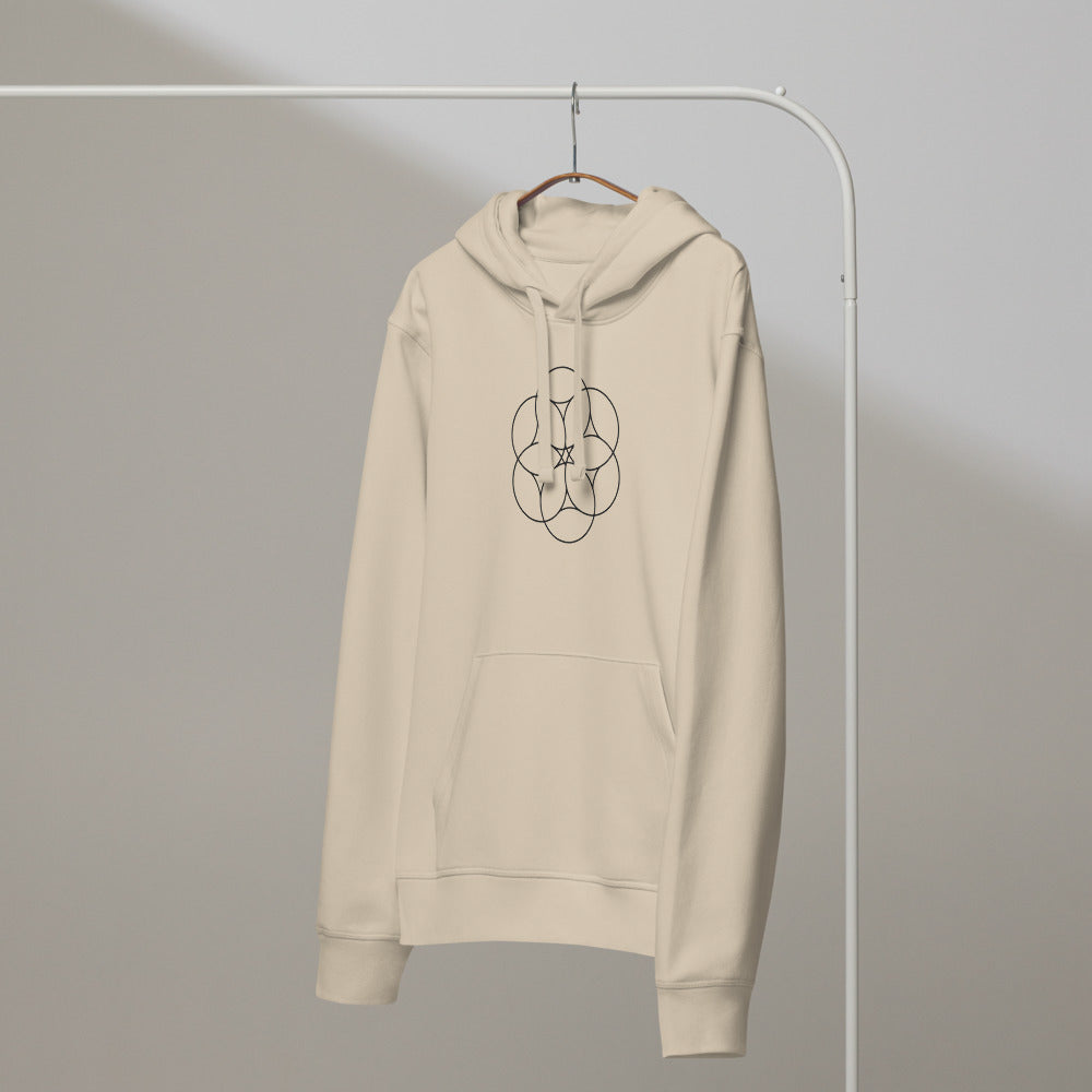 An orthographic projection of hexagonal close packing spheres in wireframe circles on a hoodie. On a hanger, Clay colourway.