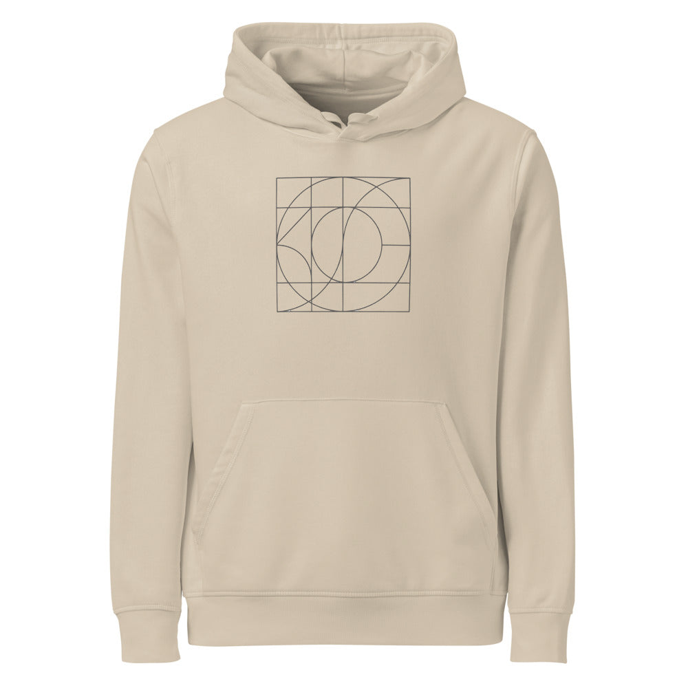 A sine-sheared orthogonal grid graphic in identical hairline thickness printed on a hoodie. Shown on the Clay (Desert Dust) colorway.
