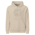A sine-sheared orthogonal grid graphic in identical hairline thickness printed on a hoodie. Shown on the Clay (Desert Dust) colorway.