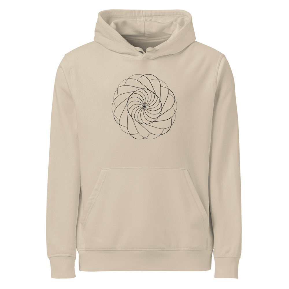 A sequence of nested Reuleaux triangles rotated progressively around a central hub, printed on a hoodie. Shown on the Clay (Desert Dust) colorway.