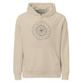 A sequence of nested Reuleaux triangles rotated progressively around a central hub, printed on a hoodie. Shown on the Clay (Desert Dust) colorway.