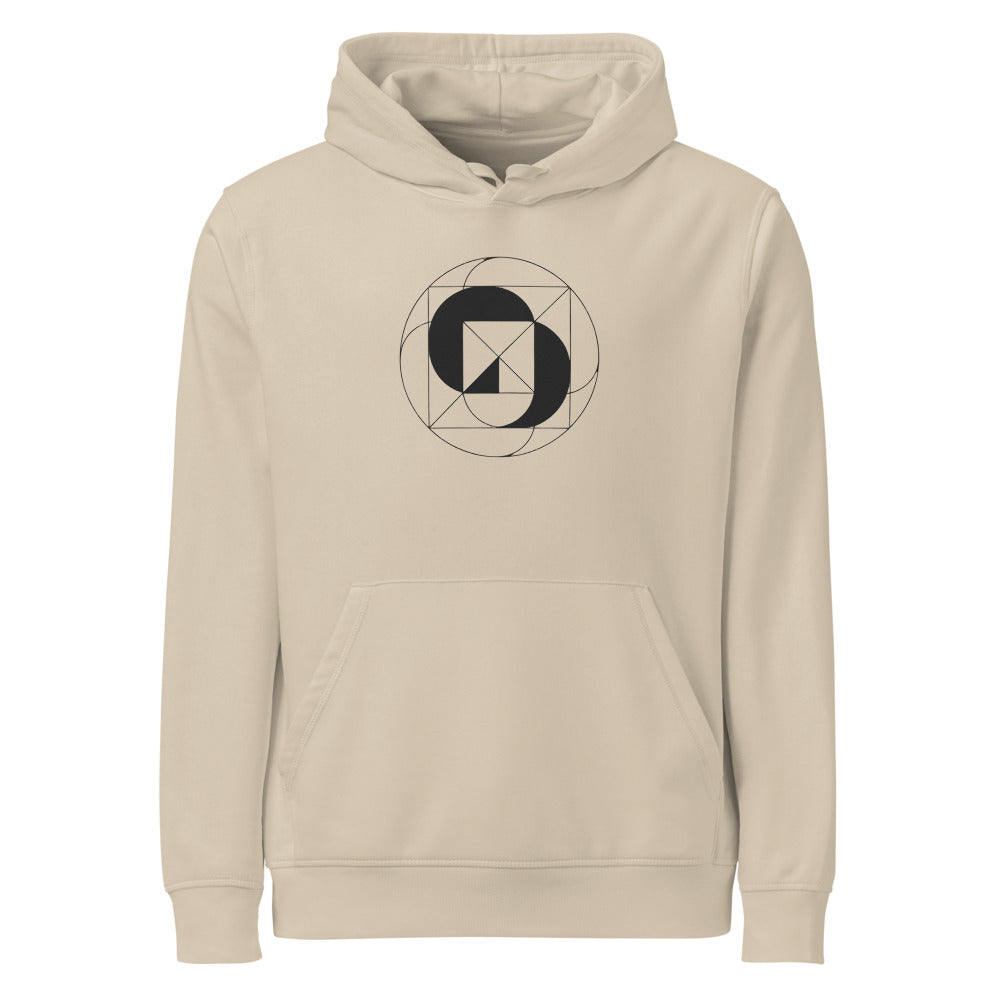 A geometric design of inverted concentric circles in thin vector lines on a hoodie. Shown on the Clay (Desert Dust) colorway.