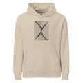 A systematic vector print of parallel vertical lines distorted by a central spiral on a hoodie. Shown on the Clay (Desert Dust) colorway.