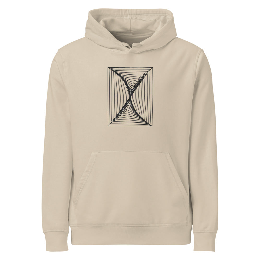 A systematic vector print of parallel vertical lines distorted by a central spiral on a hoodie. Shown on the Clay (Desert Dust) colorway.
