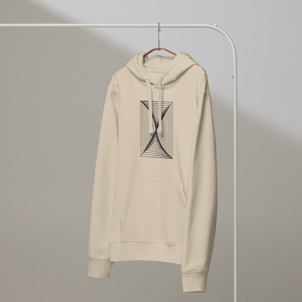 A systematic vector print of parallel vertical lines distorted by a central spiral on a hoodie. On a hanger, Clay colourway.