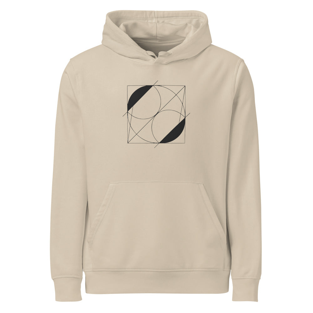 A vector line art design of intersecting crescent-shaped lunettes over a right triangle on a hoodie. Shown on the Clay (Desert Dust) colorway.