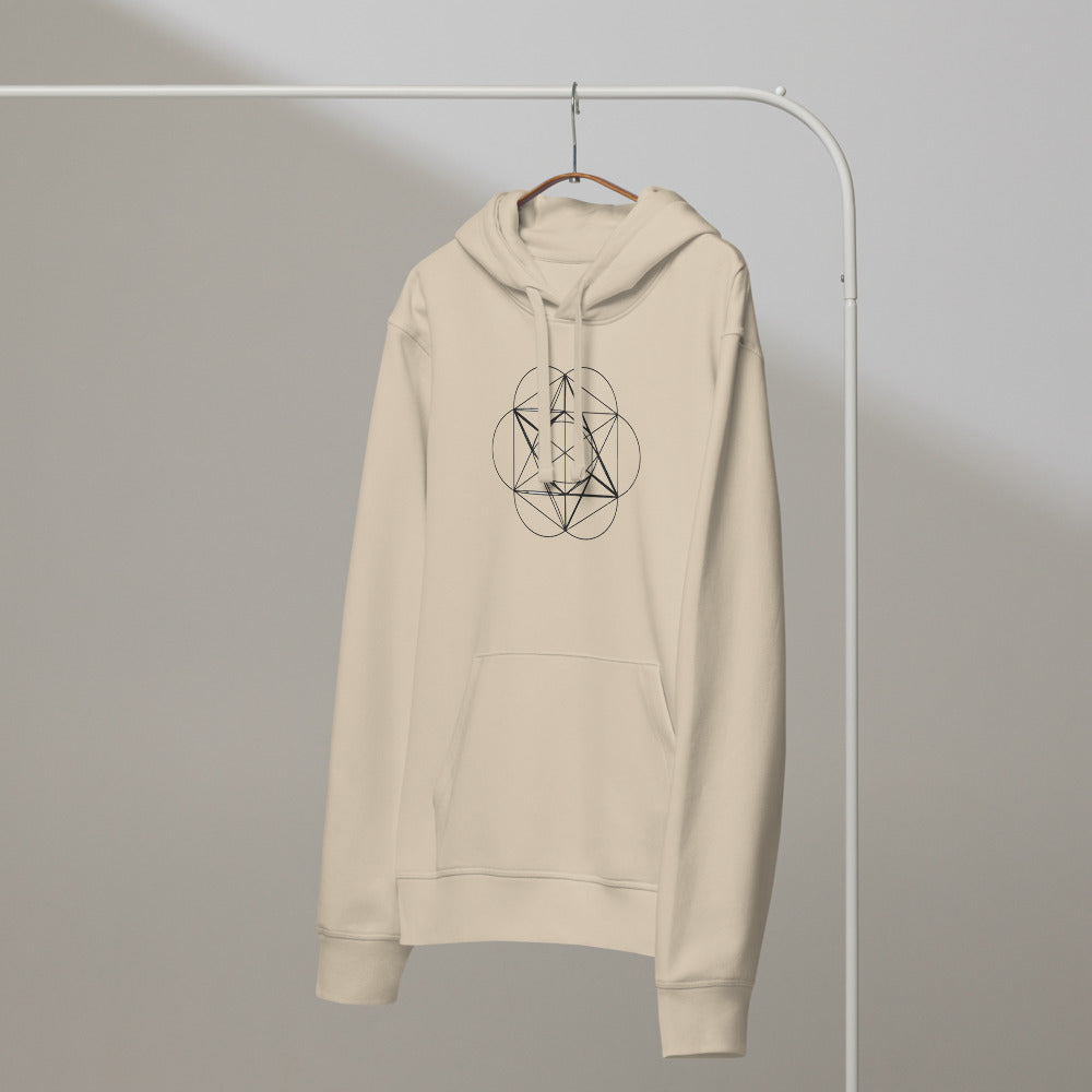A symmetric orthographic projection of a great icosahedron wireframe printed on a hoodie. On a hanger, Clay colourway.