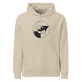 An Apollonian gasket fractal curve of nested tangent circles in fine vector lines on a minimalist hoodie. Shown on the Clay (Desert Dust) colorway.