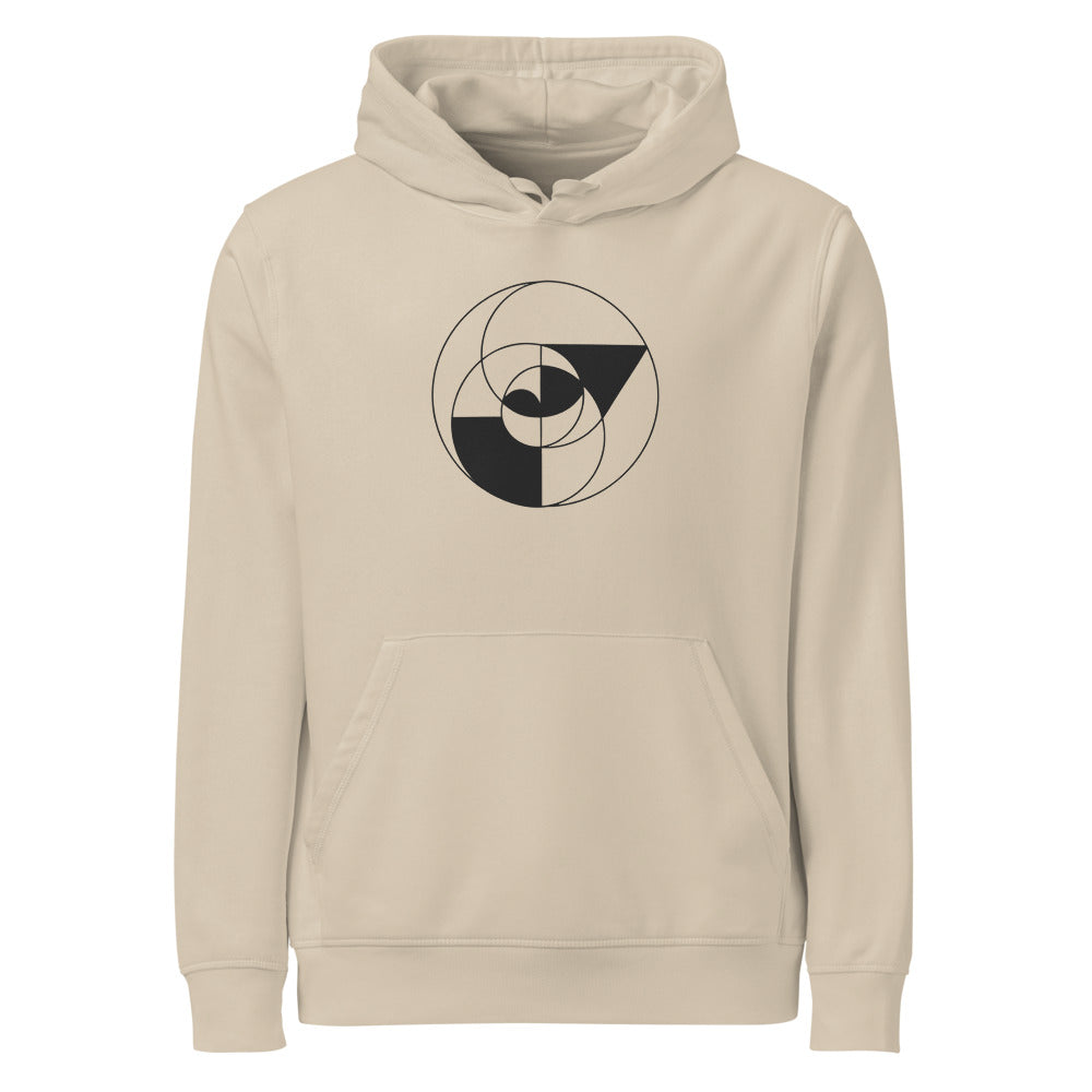 An Apollonian gasket fractal curve of nested tangent circles in fine vector lines on a minimalist hoodie. Shown on the Clay (Desert Dust) colorway.