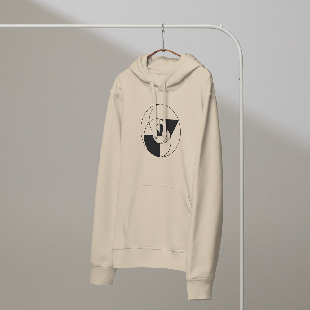 An Apollonian gasket fractal curve of nested tangent circles in fine vector lines on a minimalist hoodie. On a hanger, Clay colourway.
