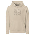 A modular grid of interlocking Wang tiles in thin hairline lines printed on a hoodie. Shown on the Clay (Desert Dust) colorway.