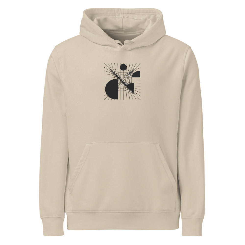 A minimalist sheared parallel grid design in precise hairline strokes on a hoodie. Shown on the Clay (Desert Dust) colorway.