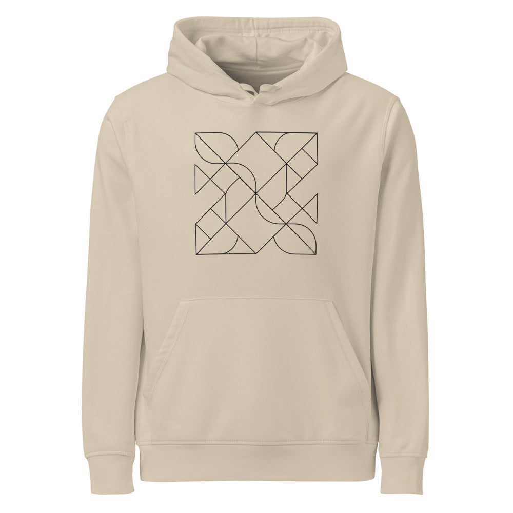 A vector line drawing of a Heesch tiling pattern with interlocking irregular polygons on a hoodie. Shown on the Clay (Desert Dust) colorway.