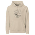 Concentric polar shift circle design in thin uniform lines printed on a hoodie. Shown on the Clay (Desert Dust) colorway.