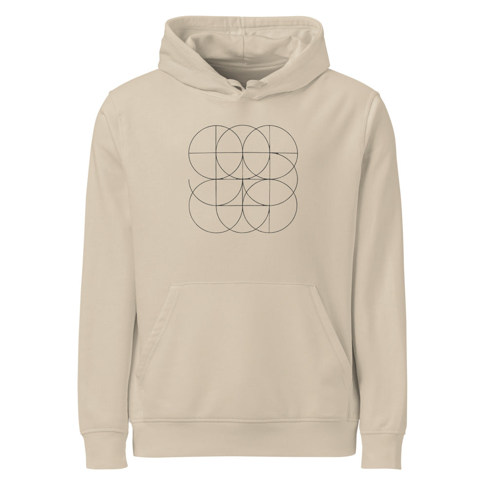A minimalist geometric print of intersecting orthogonal circular arcs forming a bipolar grid on a hoodie. Shown on the Clay (Desert Dust) colorway.