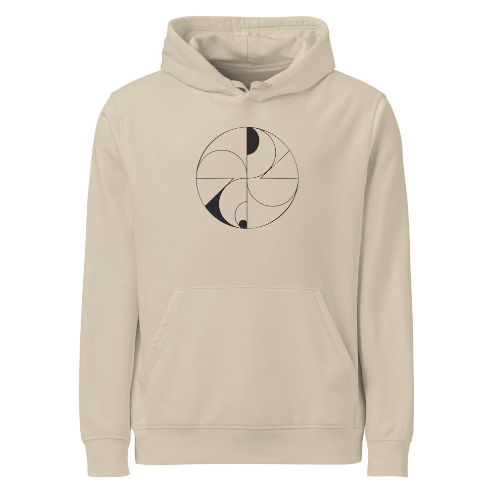 Hairline-weight vector illustration of dual overlapping spiric torus lobes printed on a minimalist hoodie. Shown on the Clay (Desert Dust) colorway.