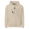 Hairline-weight vector illustration of dual overlapping spiric torus lobes printed on a minimalist hoodie. Shown on the Clay (Desert Dust) colorway.