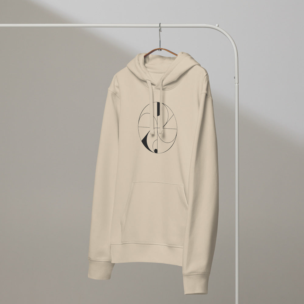 Hairline-weight vector illustration of dual overlapping spiric torus lobes printed on a minimalist hoodie. On a hanger, Clay colourway.