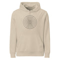 A sequence of twenty nested circles with logarithmic radial spacing on a hoodie. Shown on the Clay (Desert Dust) colorway.