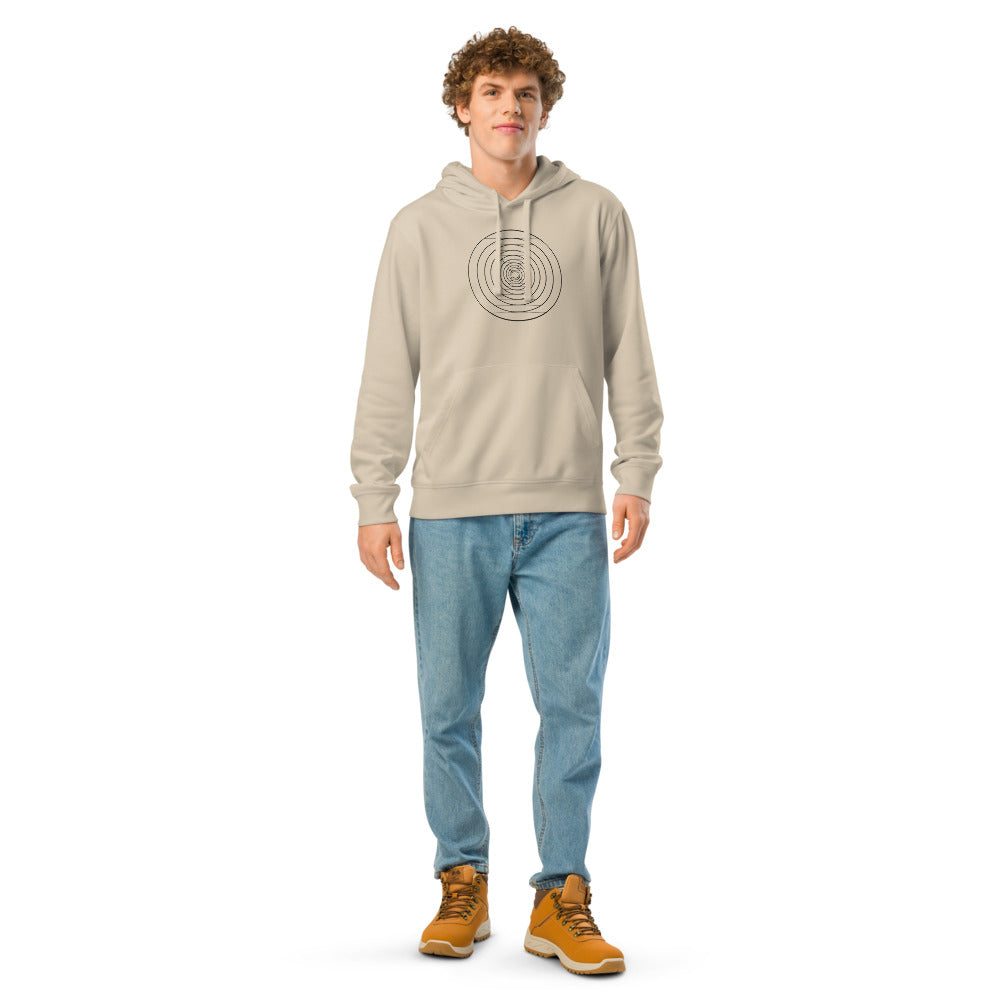 A sequence of twenty nested circles with logarithmic radial spacing on a hoodie. Worn by a man, Clay colourway.