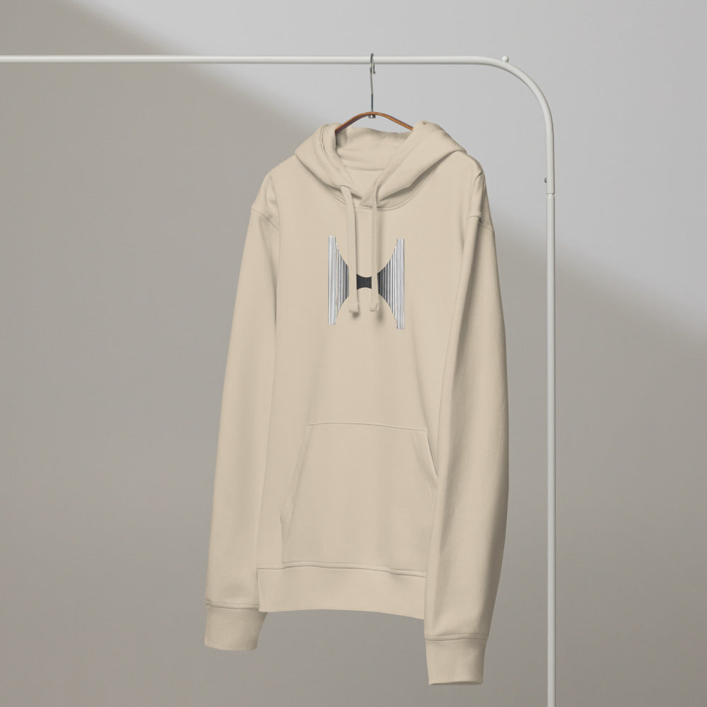 A field of vertical parallel lines deflected at the center by a Lorentzian curve, printed on a hoodie. On a hanger, Clay colourway.