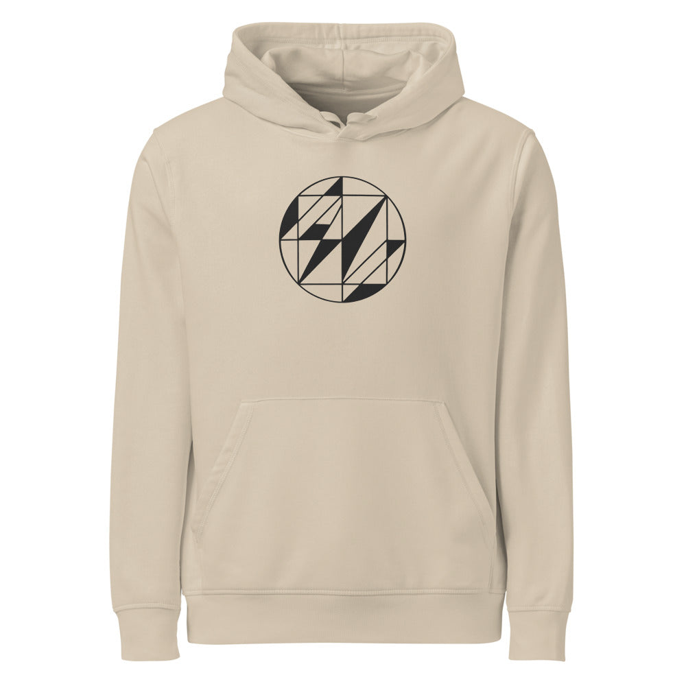 A Delaunay triangulation network of triangular facets in hairline weight, printed on a classic hoodie. Shown on the Clay (Desert Dust) colorway.