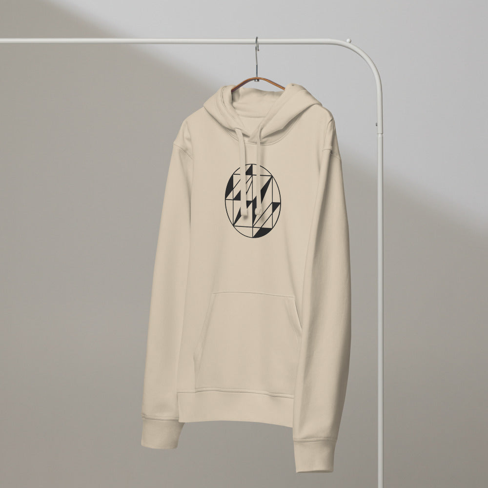 A Delaunay triangulation network of triangular facets in hairline weight, printed on a classic hoodie. On a hanger, Clay colourway.