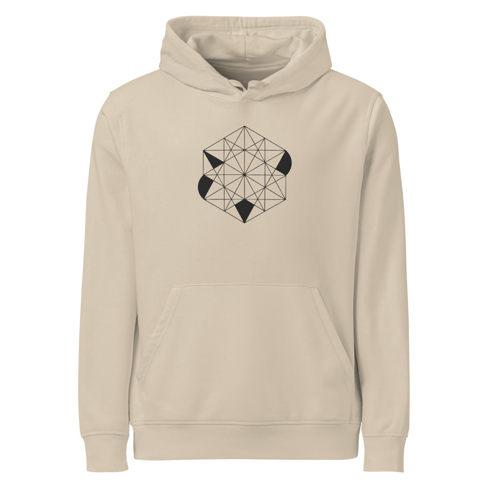 A close-up of a tri-hexagonal Kagome lattice pattern with interlocking stars and hexagons in fine lines on a hoodie. Shown on the Clay (Desert Dust) colorway.