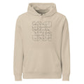 A continuous Pythagorean tiling pattern of alternating small and large squares in hairline strokes printed on a hoodie. Shown on the Clay (Desert Dust) colorway.