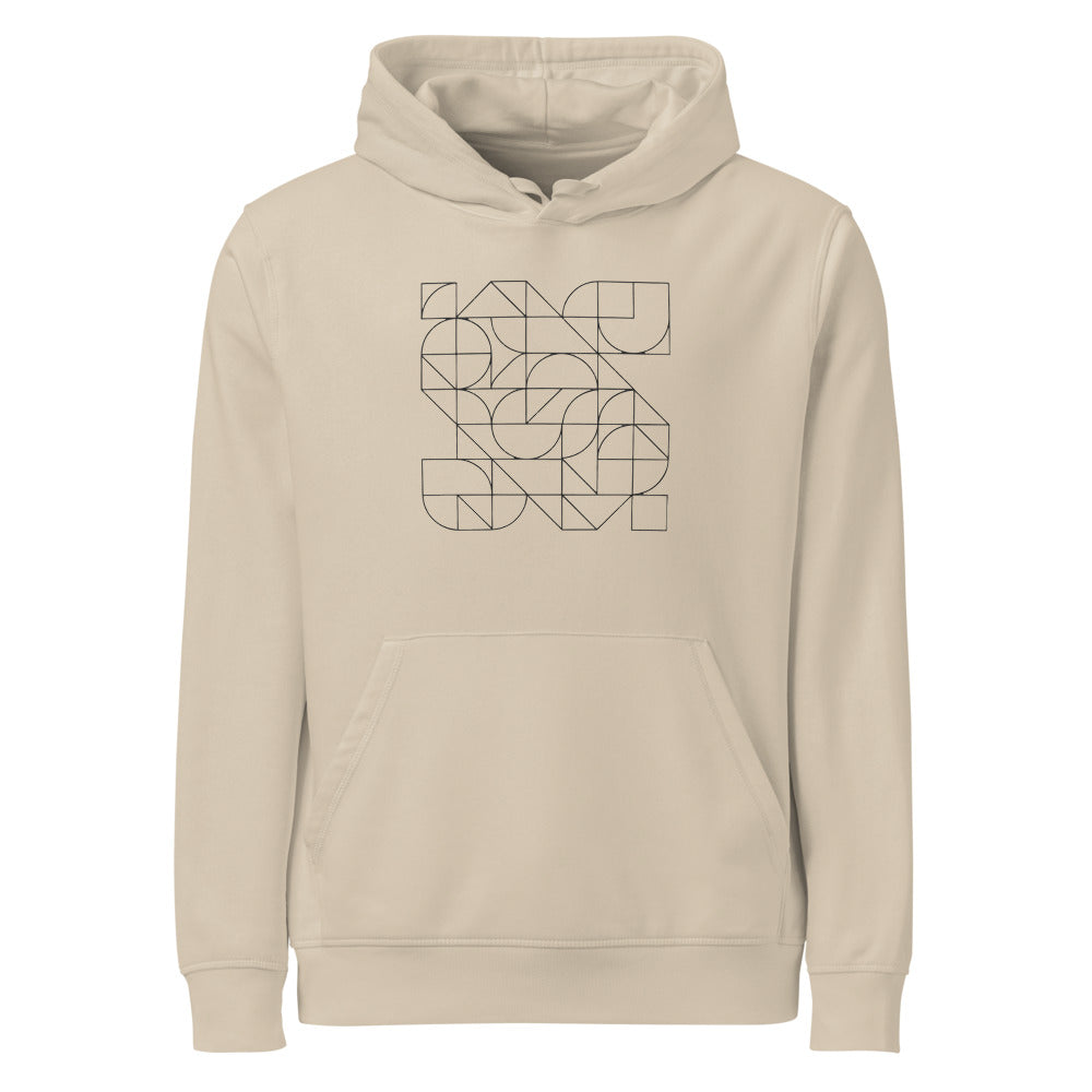 A continuous Pythagorean tiling pattern of alternating small and large squares in hairline strokes printed on a hoodie. Shown on the Clay (Desert Dust) colorway.