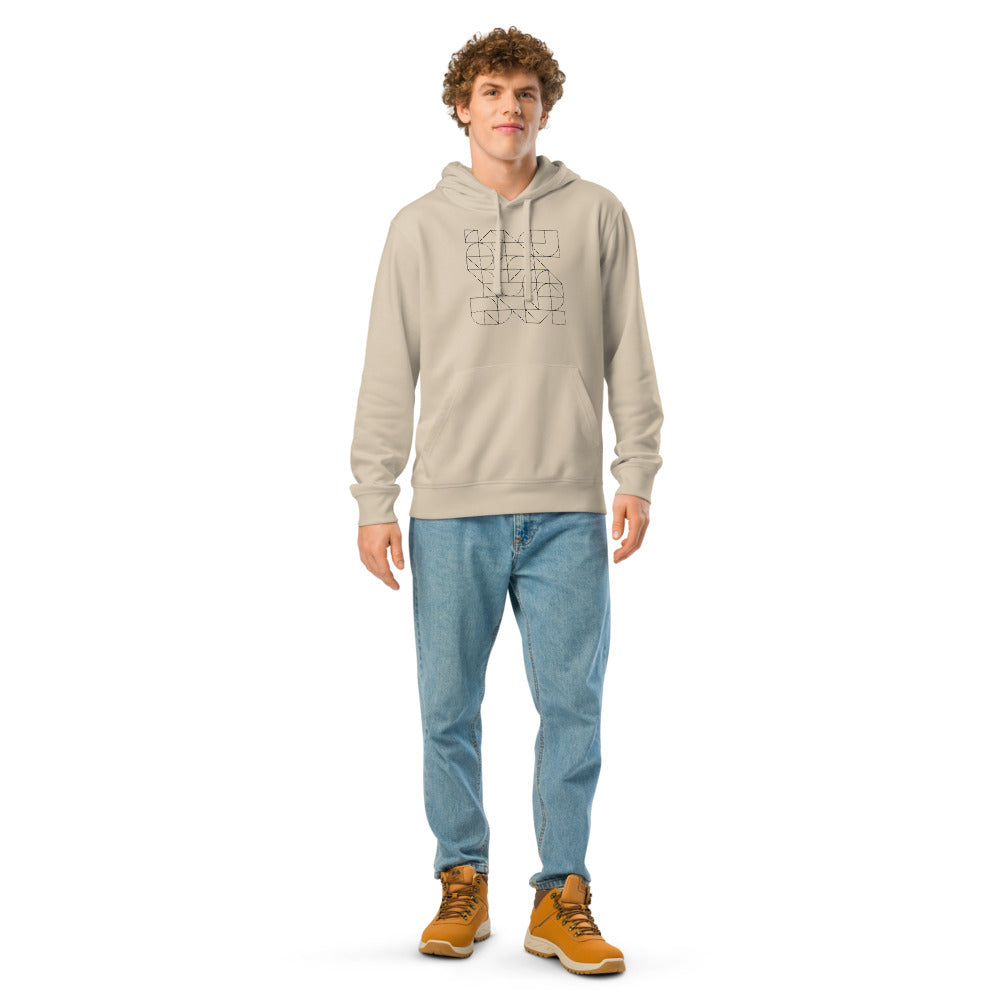 A continuous Pythagorean tiling pattern of alternating small and large squares in hairline strokes printed on a hoodie. Worn by a man, Clay colourway.
