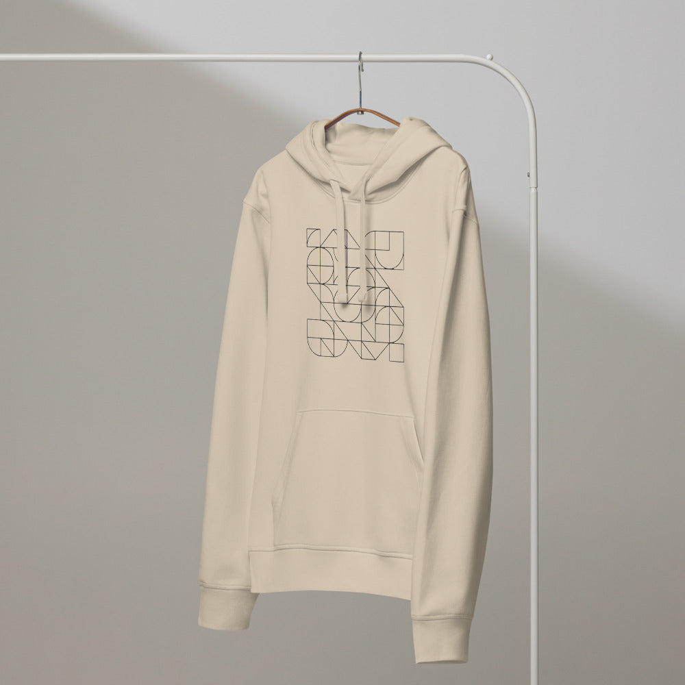 A continuous Pythagorean tiling pattern of alternating small and large squares in hairline strokes printed on a hoodie. On a hanger, Clay colourway.