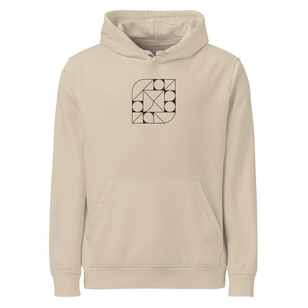 A fourth-iteration Hilbert space-filling curve printed as a precise orthogonal grid design on a hoodie. Shown on the Clay (Desert Dust) colorway.
