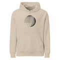 An abstract hyperbolic cylinder printed on a hoodie, constructed from intersecting straight vector lines. Shown on the Clay (Desert Dust) colorway.